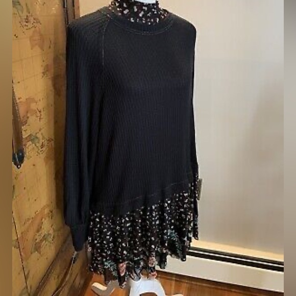 Free People Black Thermal Floral Tiered Bottom Long Sleeve Dress - Picture 5 of 7